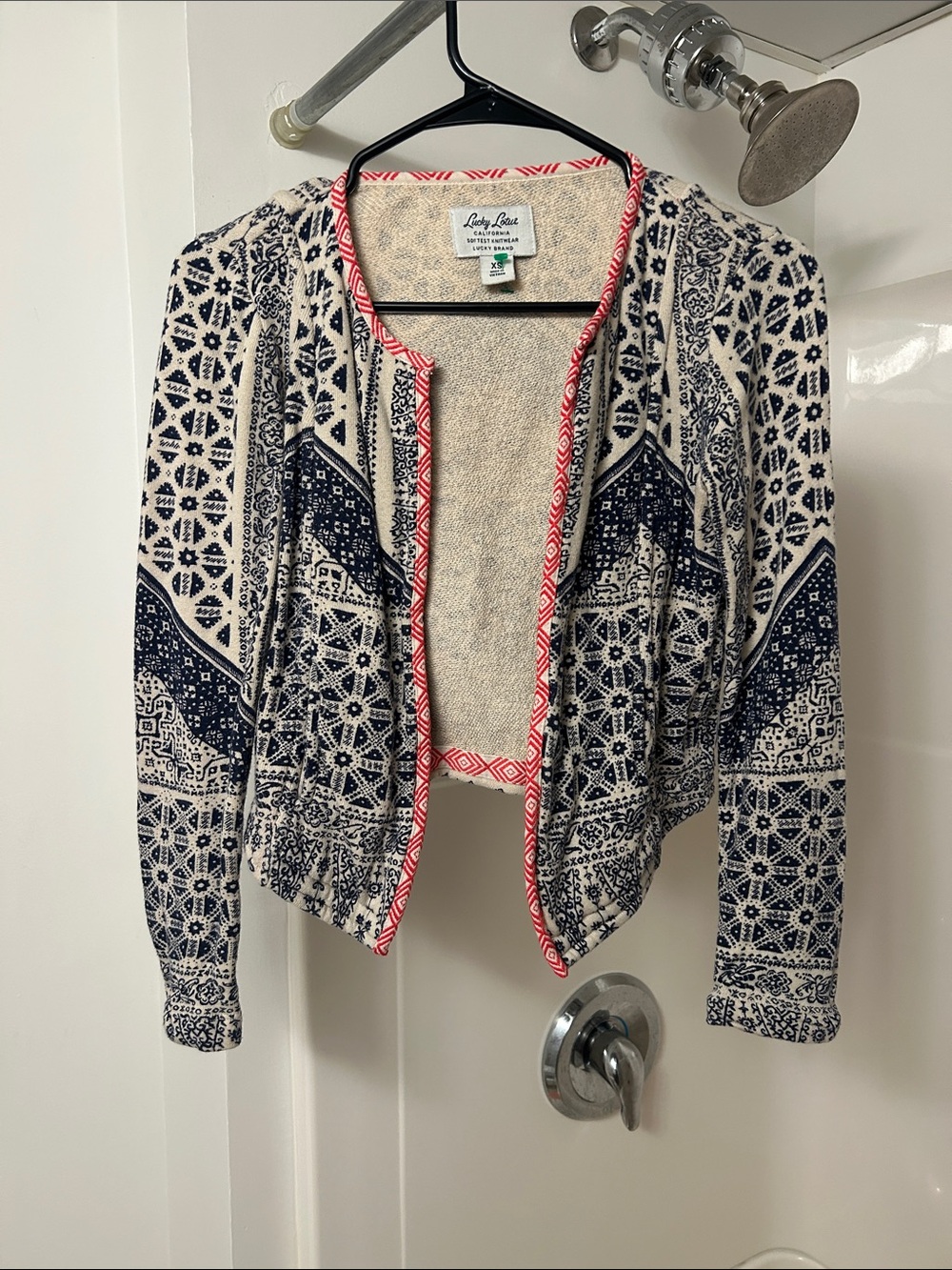 Lucky Brand Navy & Cream Patterned Open Jacket with Red Trim